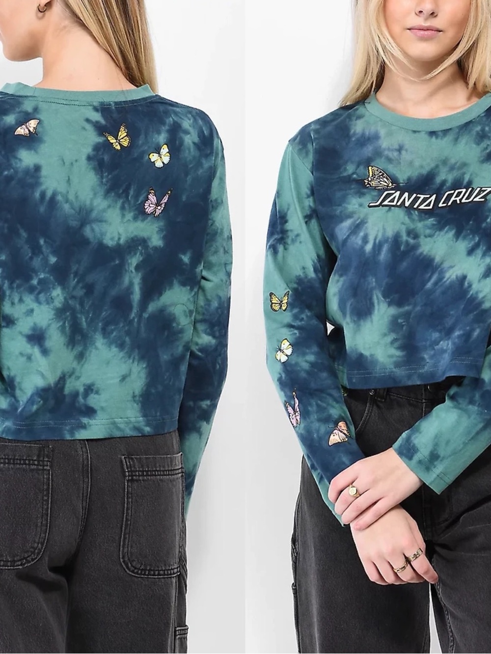 Santa Cruz Scattered Butterfly Blue Tie Dye Crop Long Sleeve Shirt